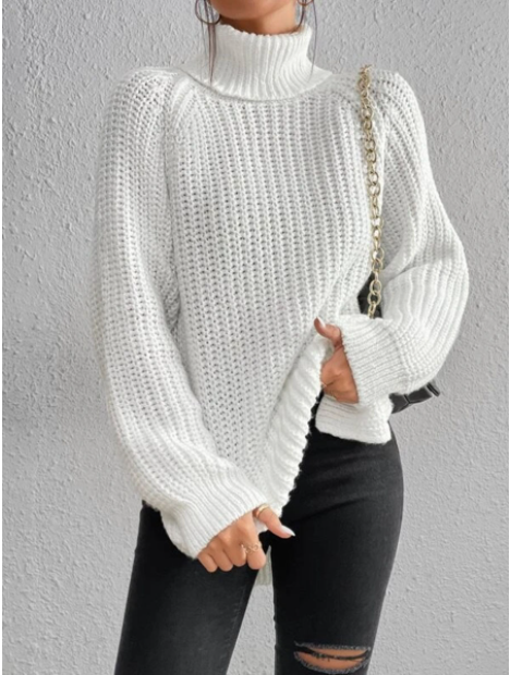Roll-neck cotton sweater with split hem raglan sleeves
