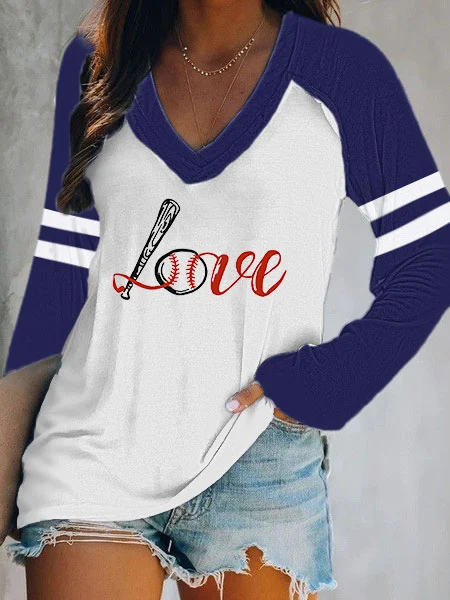 Comstylish Women's Baseball Love Casual V-Neck Long-Sleeve T-Shirt