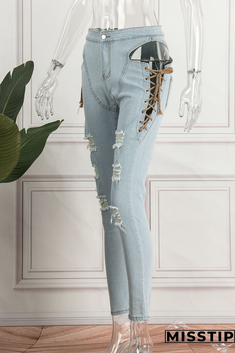 Light Blue Casual Solid Ripped Hollowed Out Frenulum Mid Waist Skinny Denim Jeans