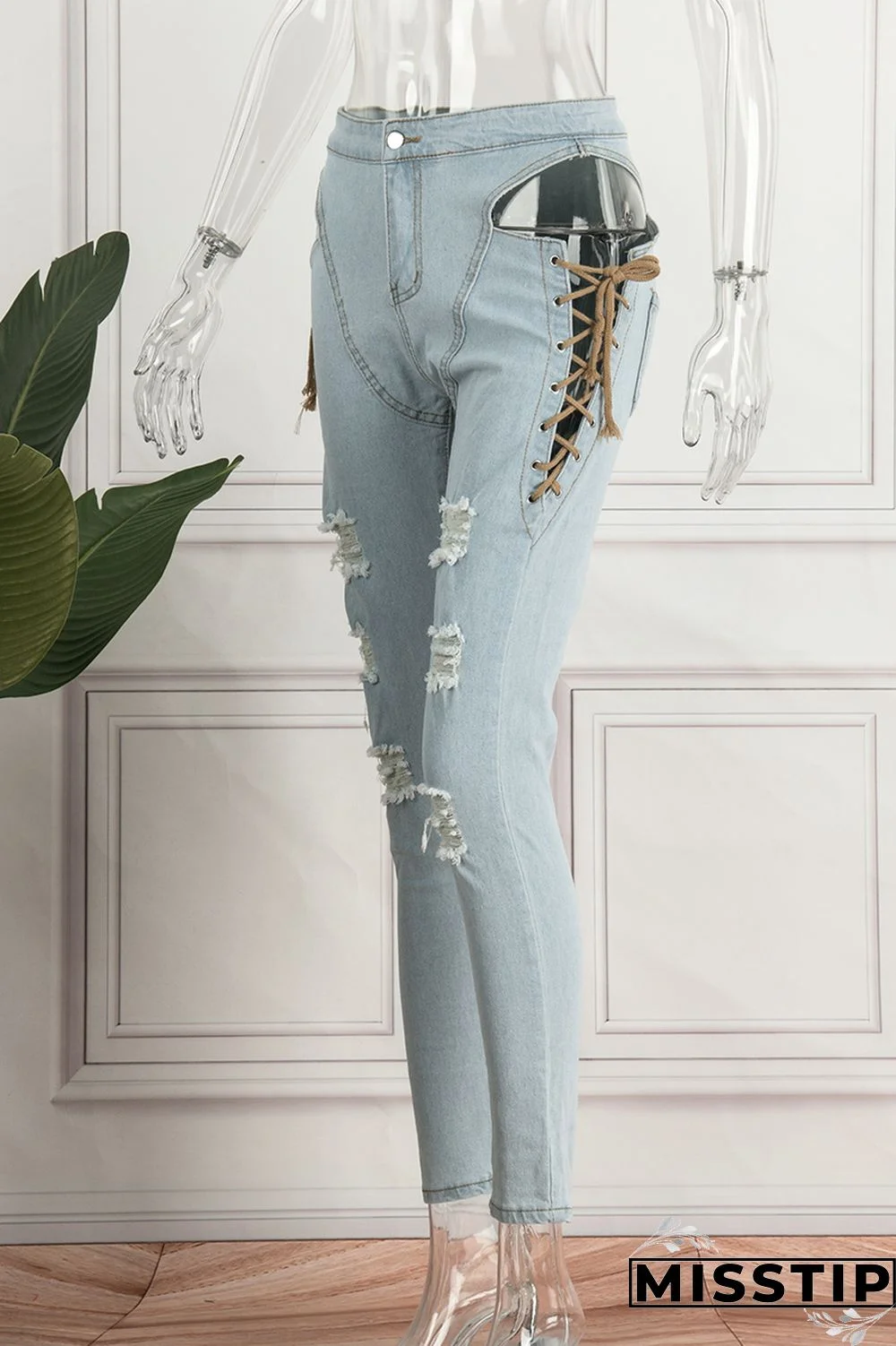 Light Blue Casual Solid Ripped Hollowed Out Frenulum Mid Waist Skinny Denim Jeans