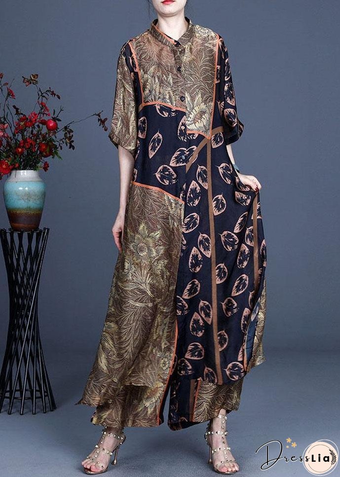 Italian Black Print Button long shirts Wide Leg Two-Piece Set