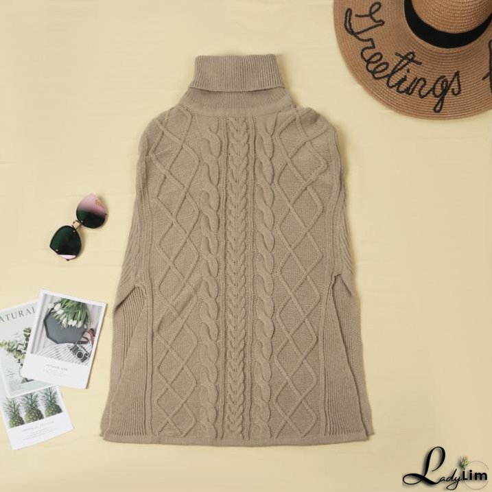 High Neck Loose Cable Knit Pattern Stitching Sweater Tops （7 Colors）