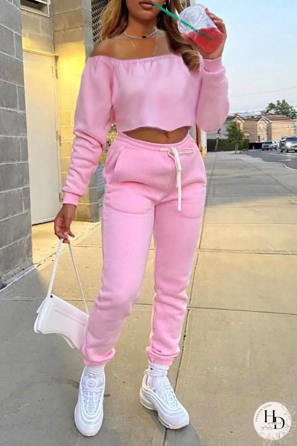 Pink Casual Solid Split Joint Off the Shoulder Long Sleeve Two Pieces