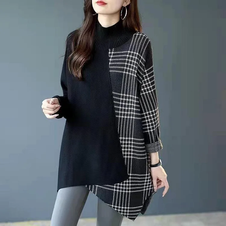 Women's Mock Neck Long Sleeved Striped Patchwork Knit Sweater 