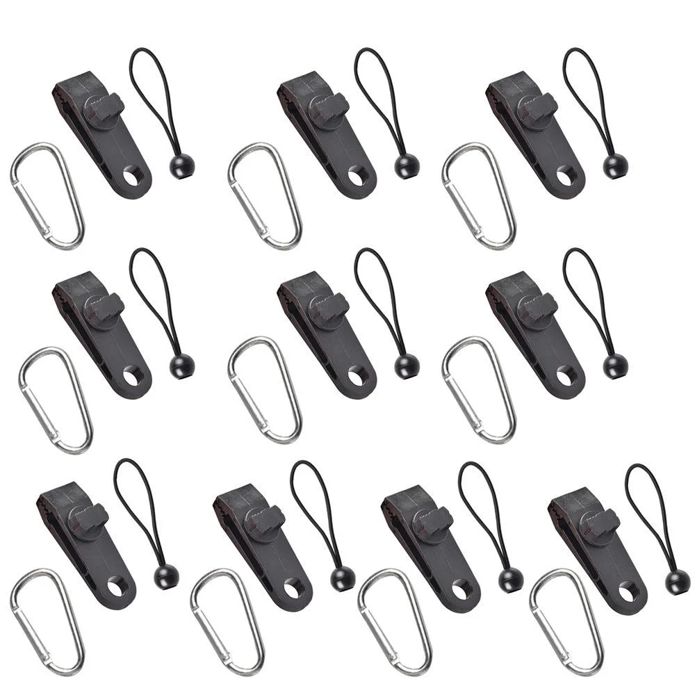 Windproof Canopy Fixed Tent Clip Rope Buckle Set 10 Clips+10 Black Ropes+10 Silver Fast Hangings
