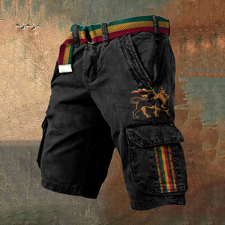 Comstylish Men's Reggae Lion Stripe Retro Art Cargo Shorts