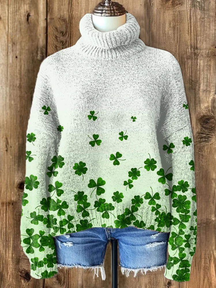 Women's St. Patrick's Day Lucky Clover Print High Neck Knit Sweatshirt