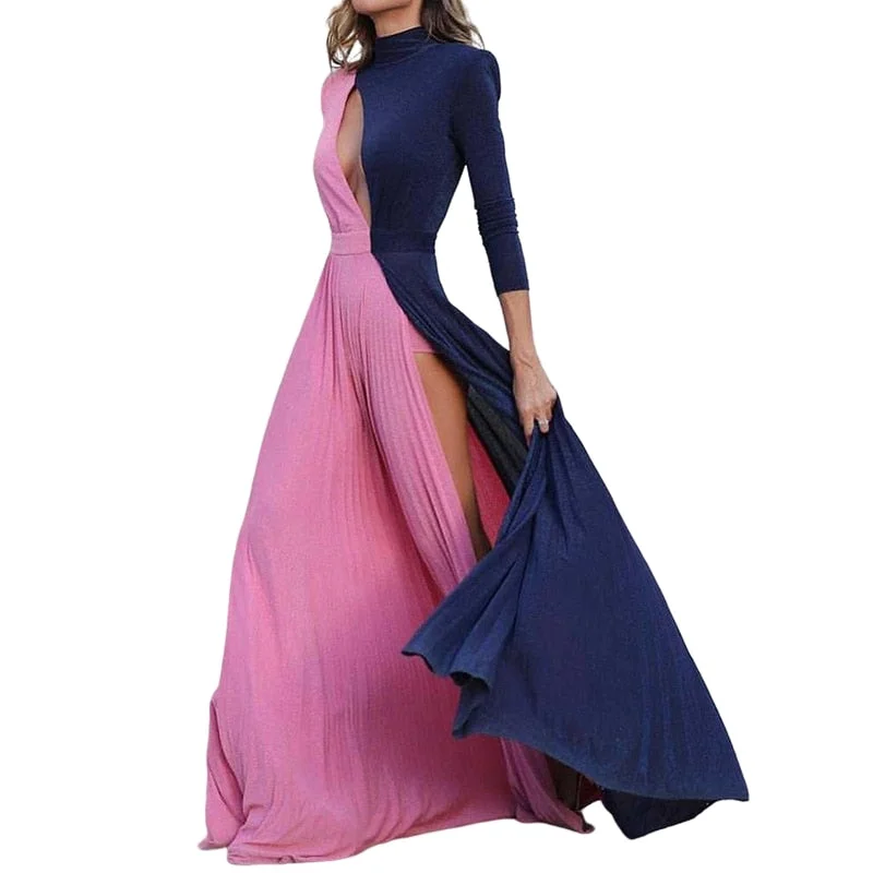 Graduation Gifts  Womne's Cutout Dress Contrast Long Sleeve  Party Dress Stand-up Collar Maxi Dress