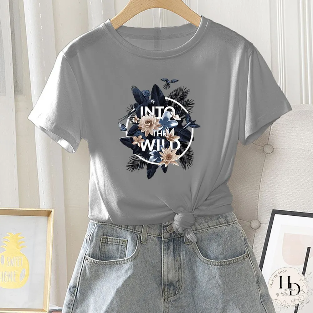 Womens Fashion Short Sleeve Summer Casual Regular T-Shirt Letter Flower Print Ladies