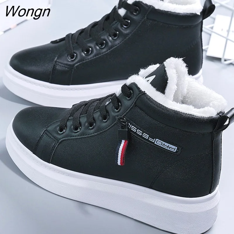 Wongn New Winter Women Ankle Boots Warm Plush Woman Vulcanized Shoes PU Walking Sneakers Casual Flats Lace Up Ladies Snow Shoes