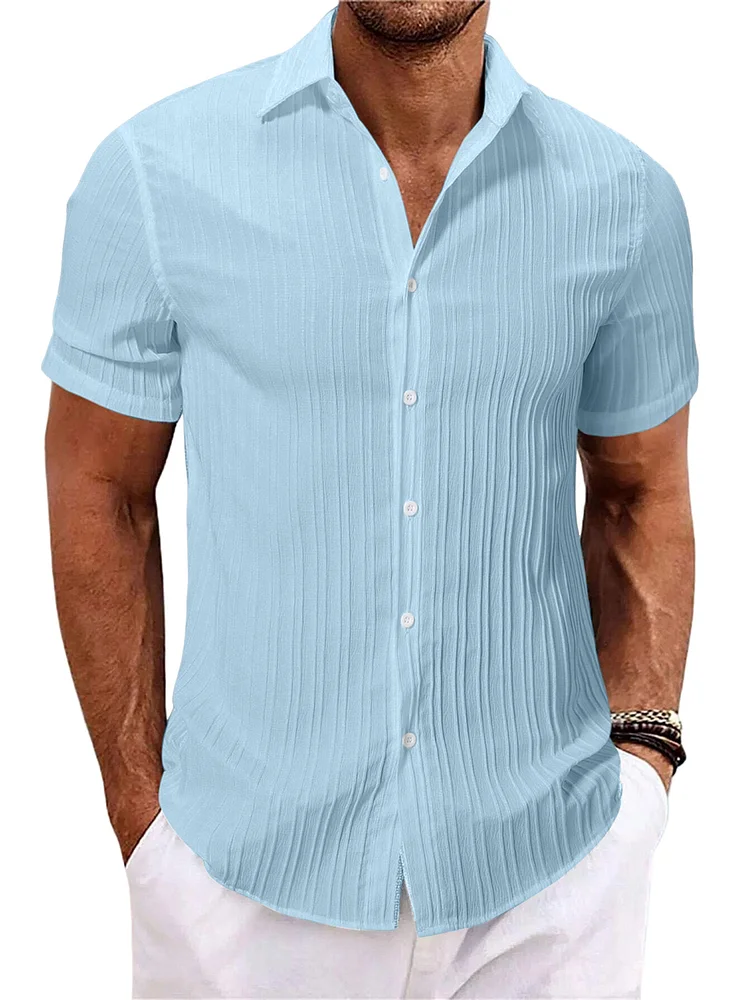 Men's cotton and linen striped jacquard casual loose short-sleeved shirt
