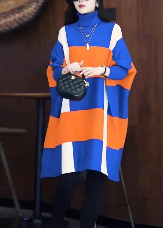 Stylish Colorblock Hign Neck Woolen Knit Dress Batwing Sleeve Spring