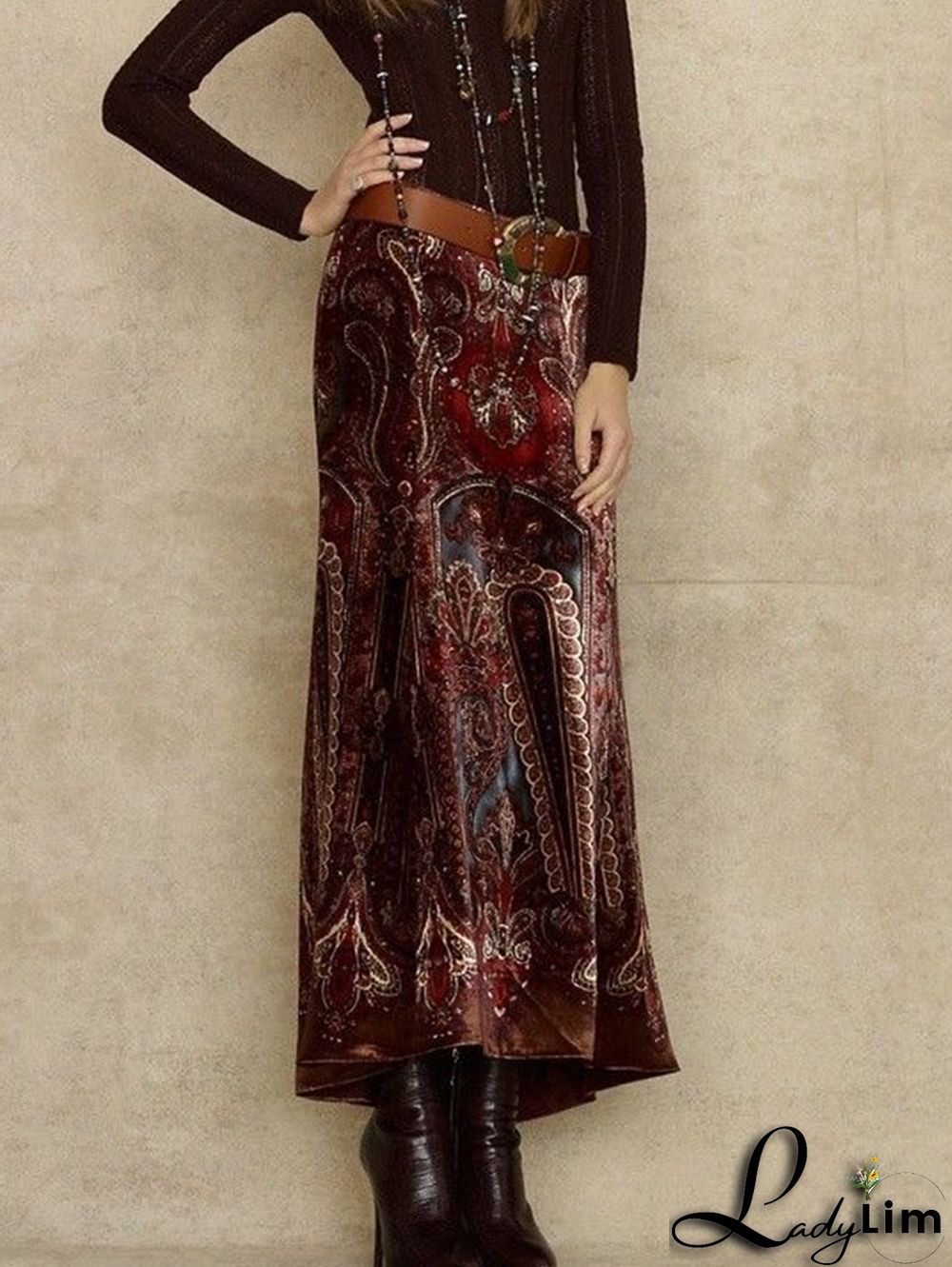 Daily Vintage Floral Jacquard Velvet Midi Skirt