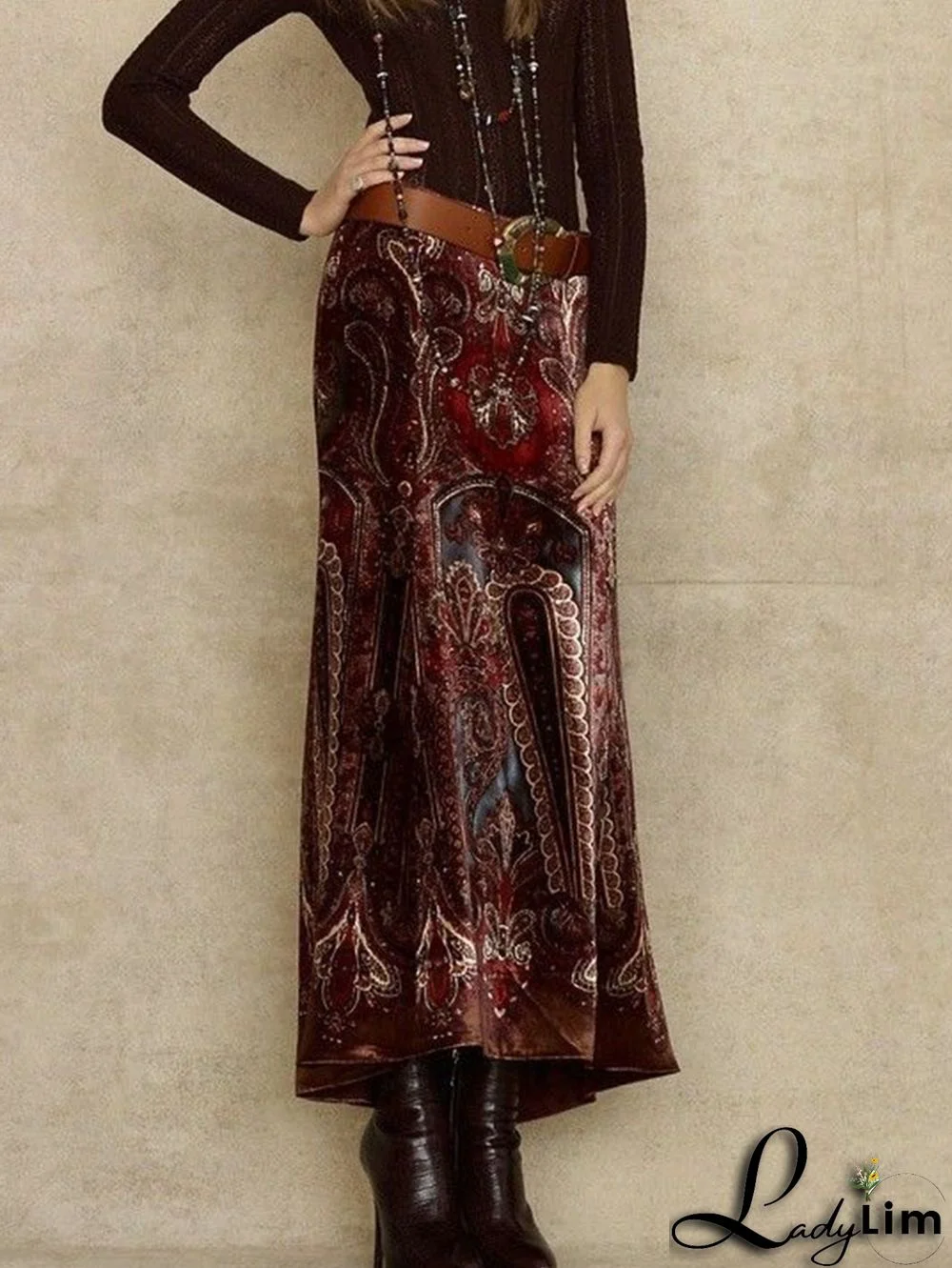 Daily Vintage Floral Jacquard Velvet Midi Skirt