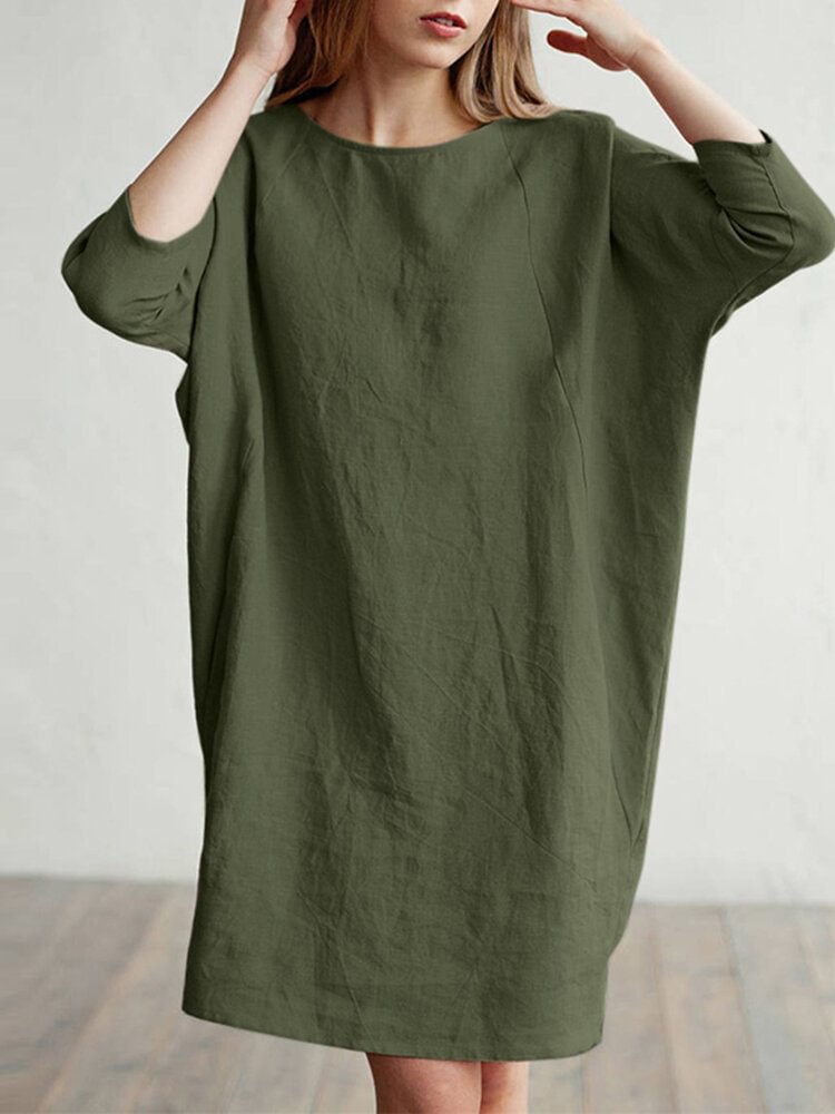 Solid Color 3\/4 Sleeve O-neck Pocket Cotton Dress - Shop Trendy Women's Fashion | TeeYours
