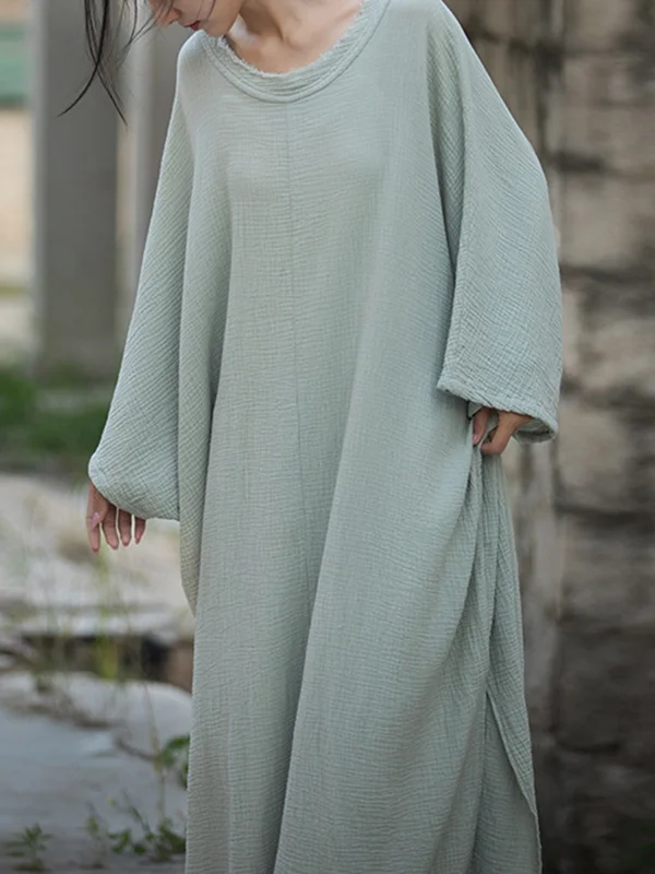 Split-Side Solid Color Loose Long Sleeves Round-Neck Midi Dresses