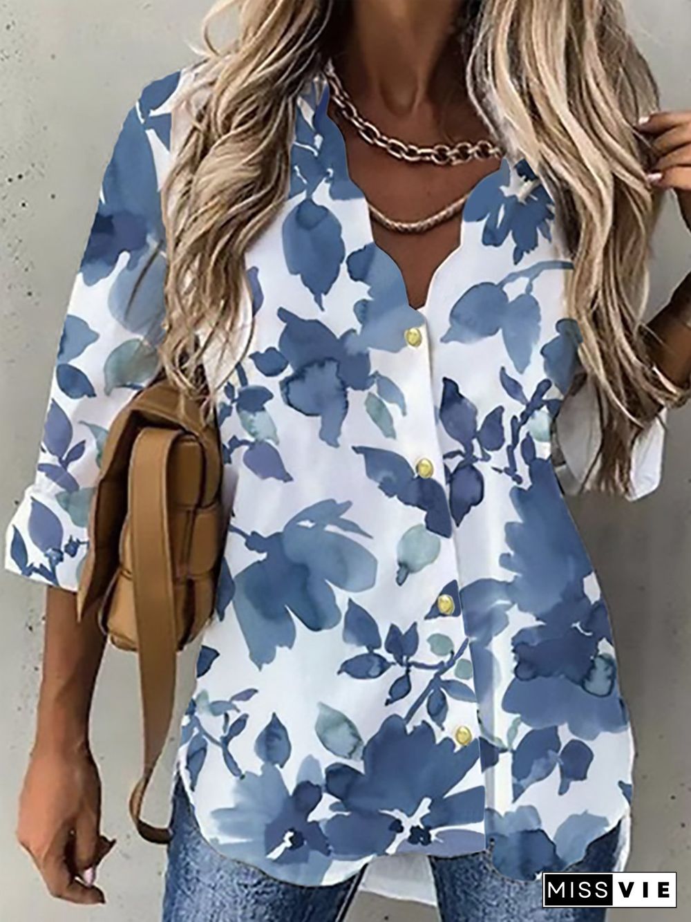 Casual V Neck Floral Shirts & Tops
