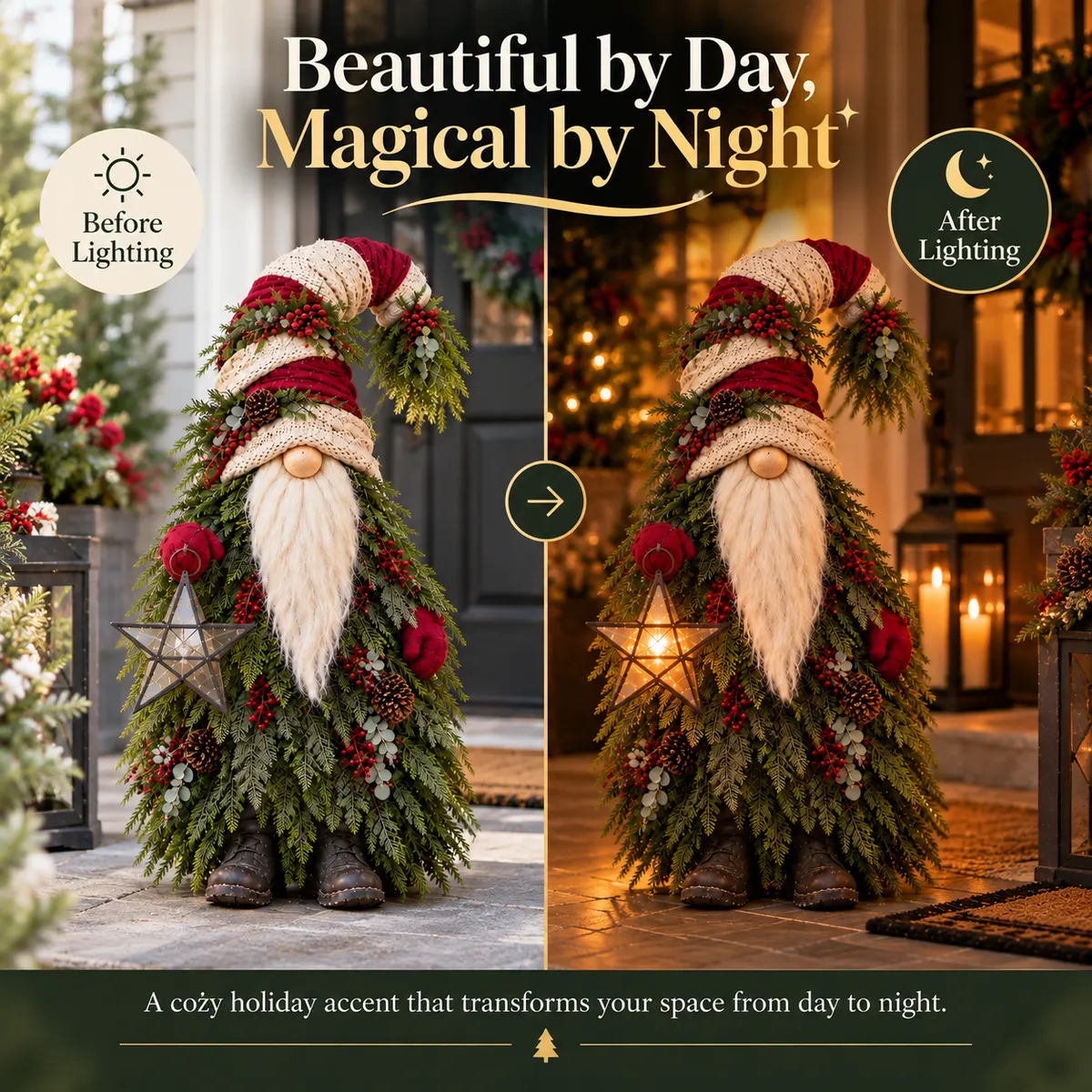 Evergreen Star Gnome before and after lighting