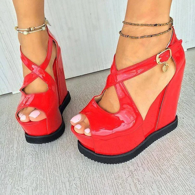 Women's Red Patent Leather Crossed-over Straps Wedge Sandals |FSJ Shoes