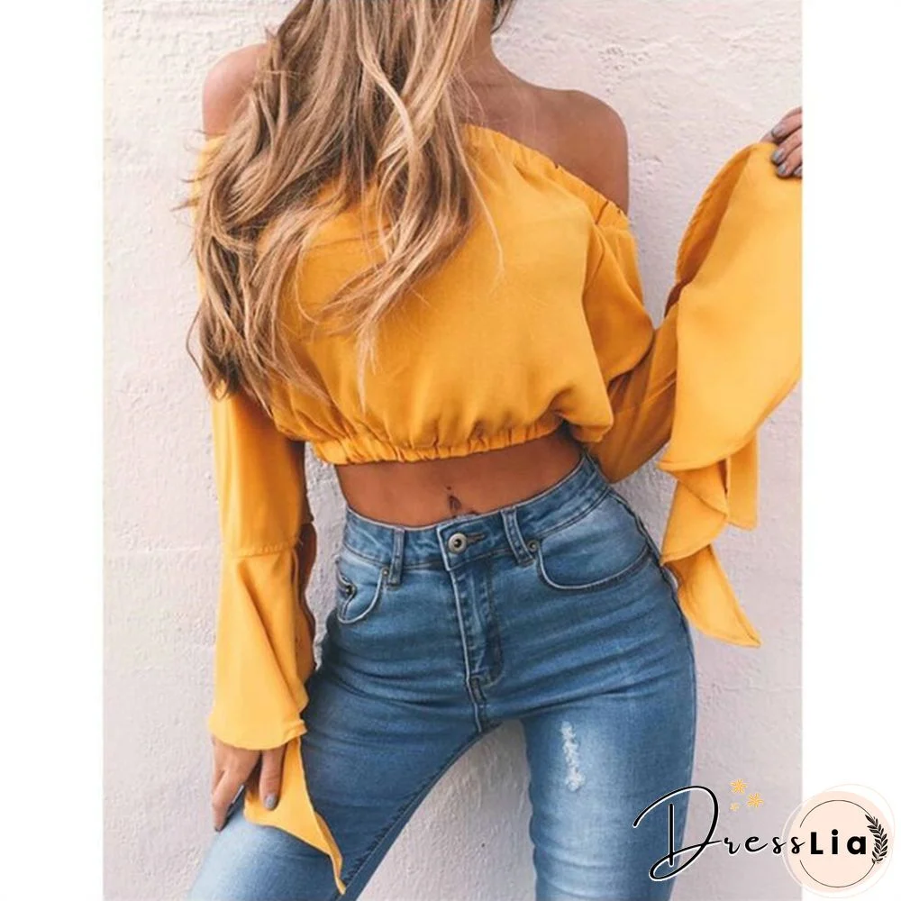 Women Fashion Summer Tops Casual Off the Shoulder Bell-sleeve Crop Tops Blouse