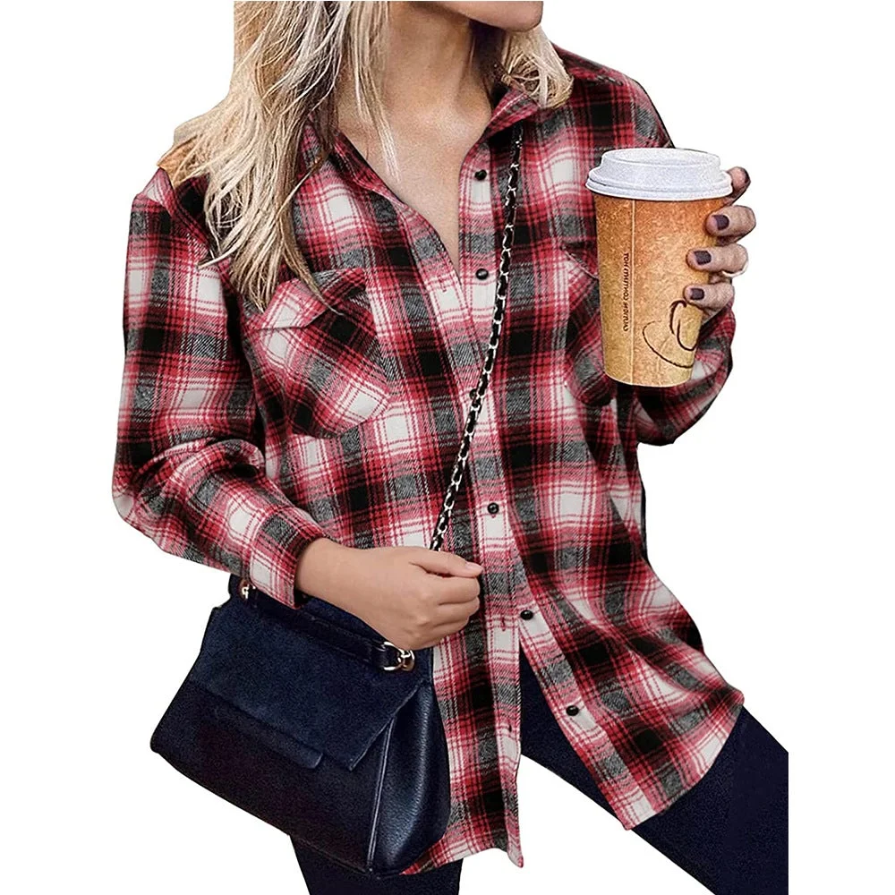 Women's Plaid Lapel Jacket Shirt Casual Buttoned Cardigan