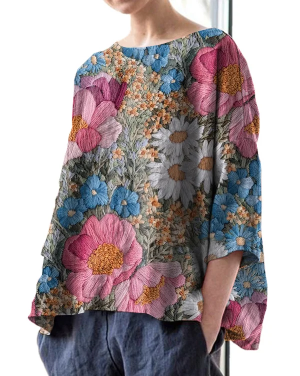 Vintage Floral Embroidery Print Round Neck Linen Loose Top