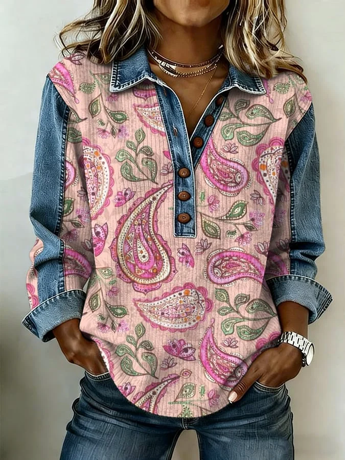 Women's Western-Style Paisley Print Lapel And Button Design Knitted Top 