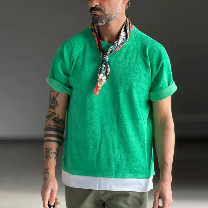 Green Cotton Plug-In Sleeve Short-Sleeved T-Shirt