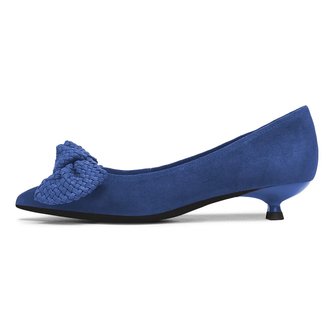 Cute Blue Vegan Suede Pointed Toe Woven Bow Decor Pumps Heels