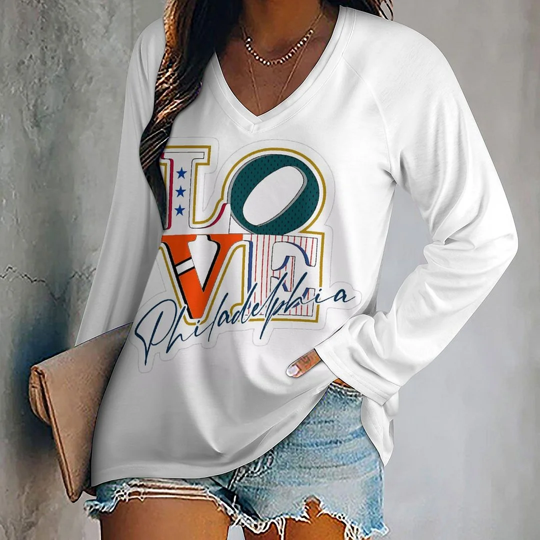 V-neck Long Sleeve Casual T-shirt for  Women and Men Printed with Pattern  , Blue, Red