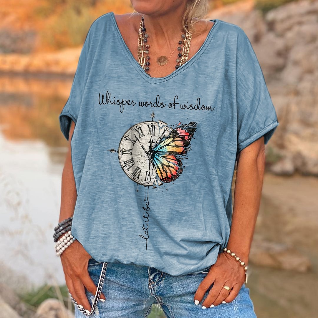 Whisper Words Of Wisdom Printed Broken Clock And Butterfly Tees