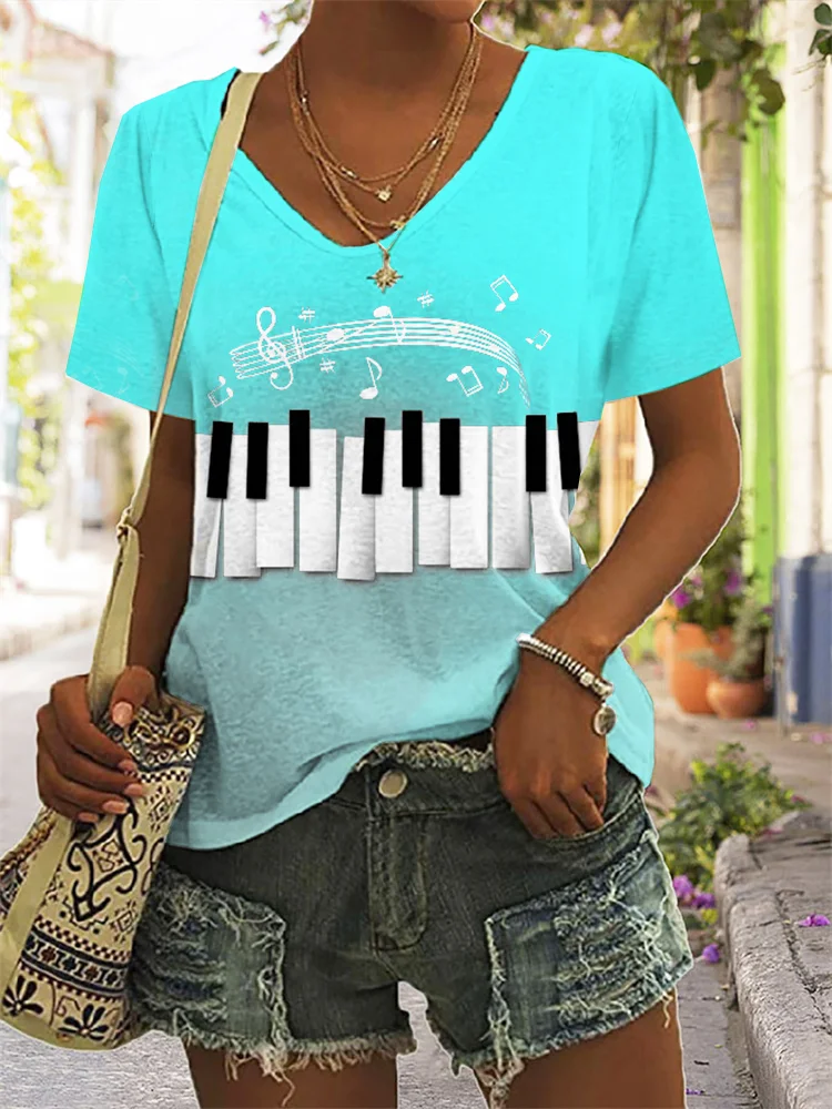 Piano Music Notes Art V Neck Casual T Shirt