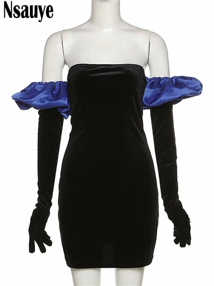 Nsauye 2021 Long Puff Sleeve Off Shoulder Autumn Winter Elegant Evening Party White Black Mini Dress Sexy Women Kawaii Dresses