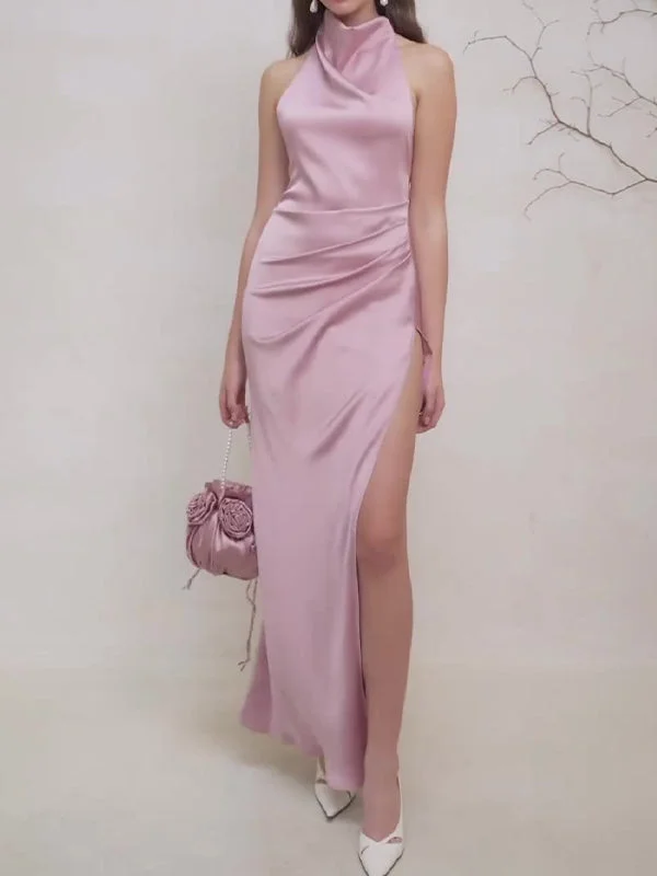 Style & Comfort for Mature Women Women's Sleeveless Halter Lace-up Slit Maxi Dress