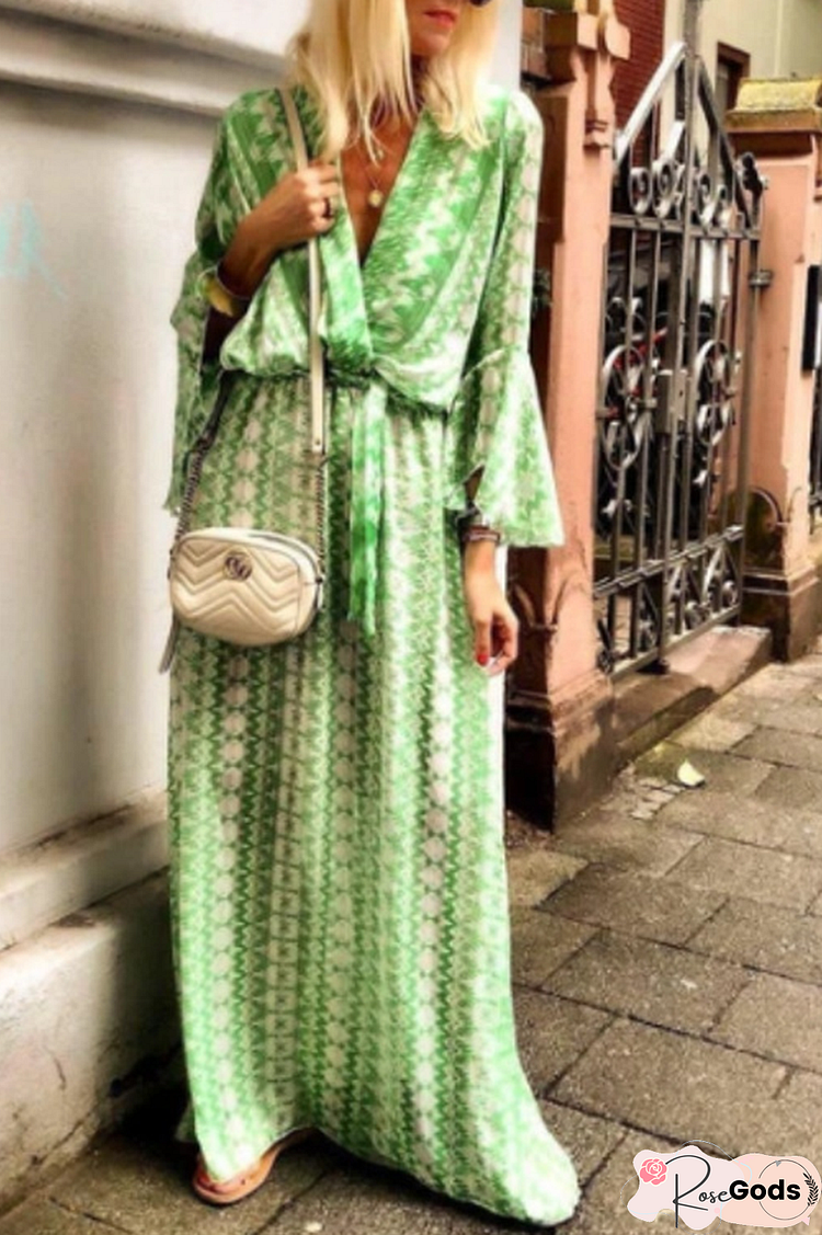Boho Print V Neck Maxi Dress