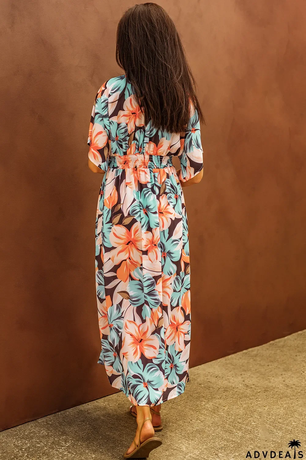 Orange Floral Kimono Long Dress with Slit