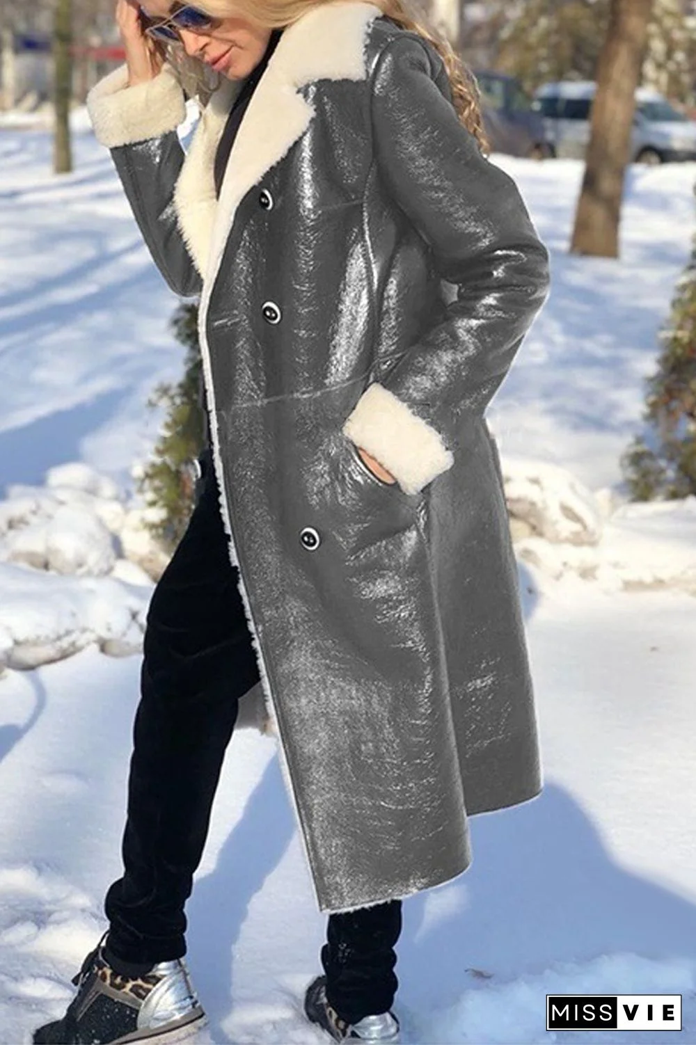 PU Fluffy Solid Color Long Coat