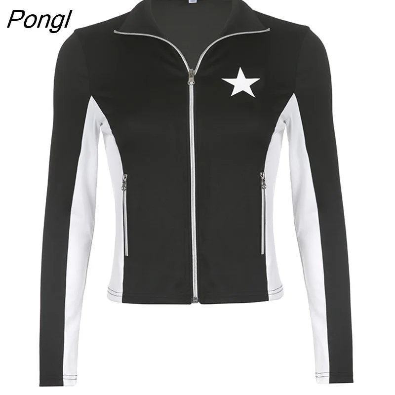 Pongl Letter Star Print Racing Jacket Women Contrast Color Patchwork Zip-up Sweatshirt Black Vintage Knitted Coat Punk Style