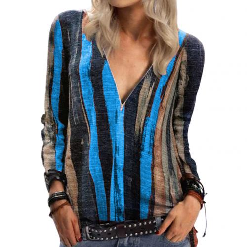 Autumn Women Long Sleeve Zip Neckline Vertical Stripes Tie Dye T-shirt