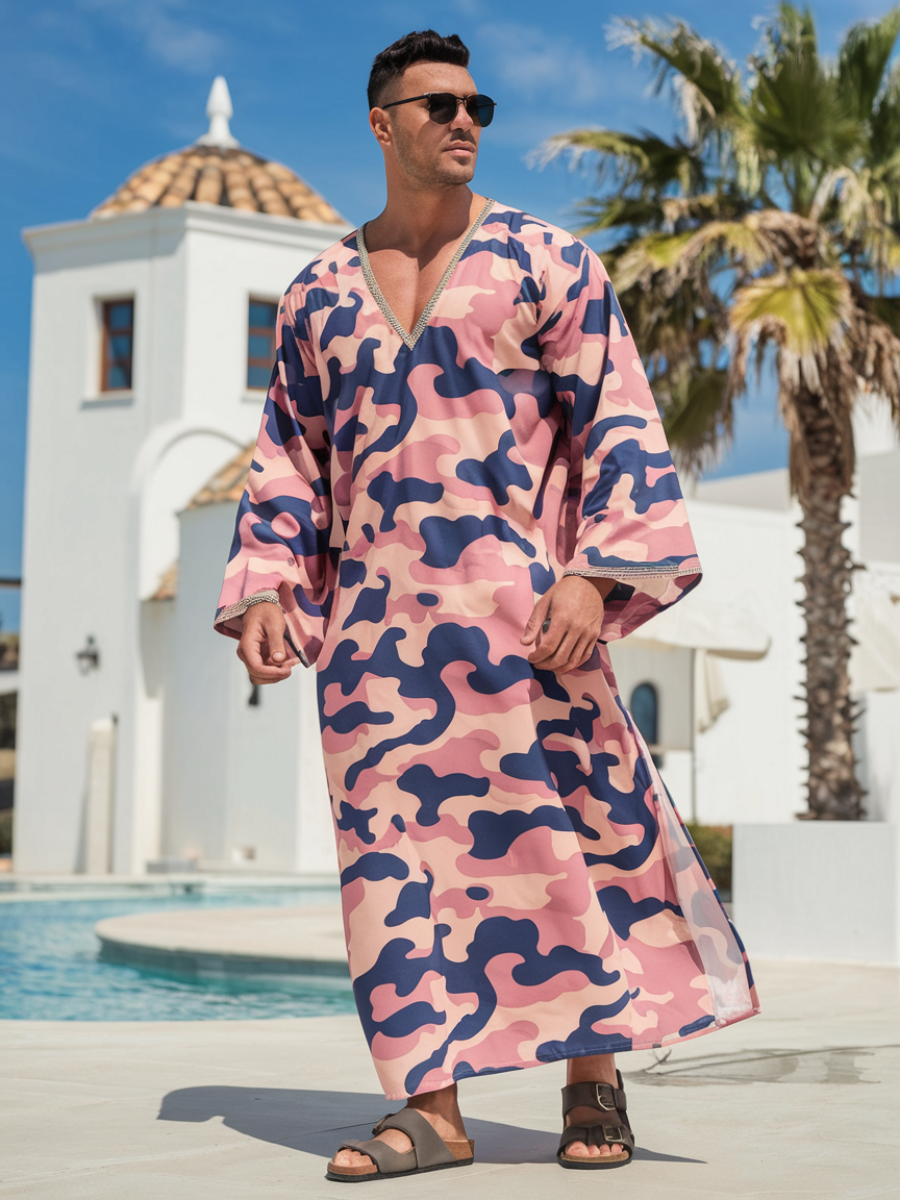 Men's Light Pink Camouflage Polyester V-Neck Kaftan