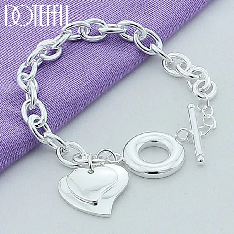 DOTEFFIL 925 Sterling Silver Two Heart Pendant Bracelet OT Buckle For Women Jewelry