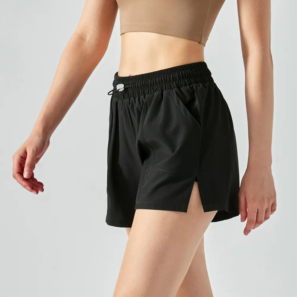 Buy Black different colors and types of 4 way stretch anti wardrobe malfunction comfortable polyester spandex fake 2 pieces gym running shorts with pockets on Hergymclothing