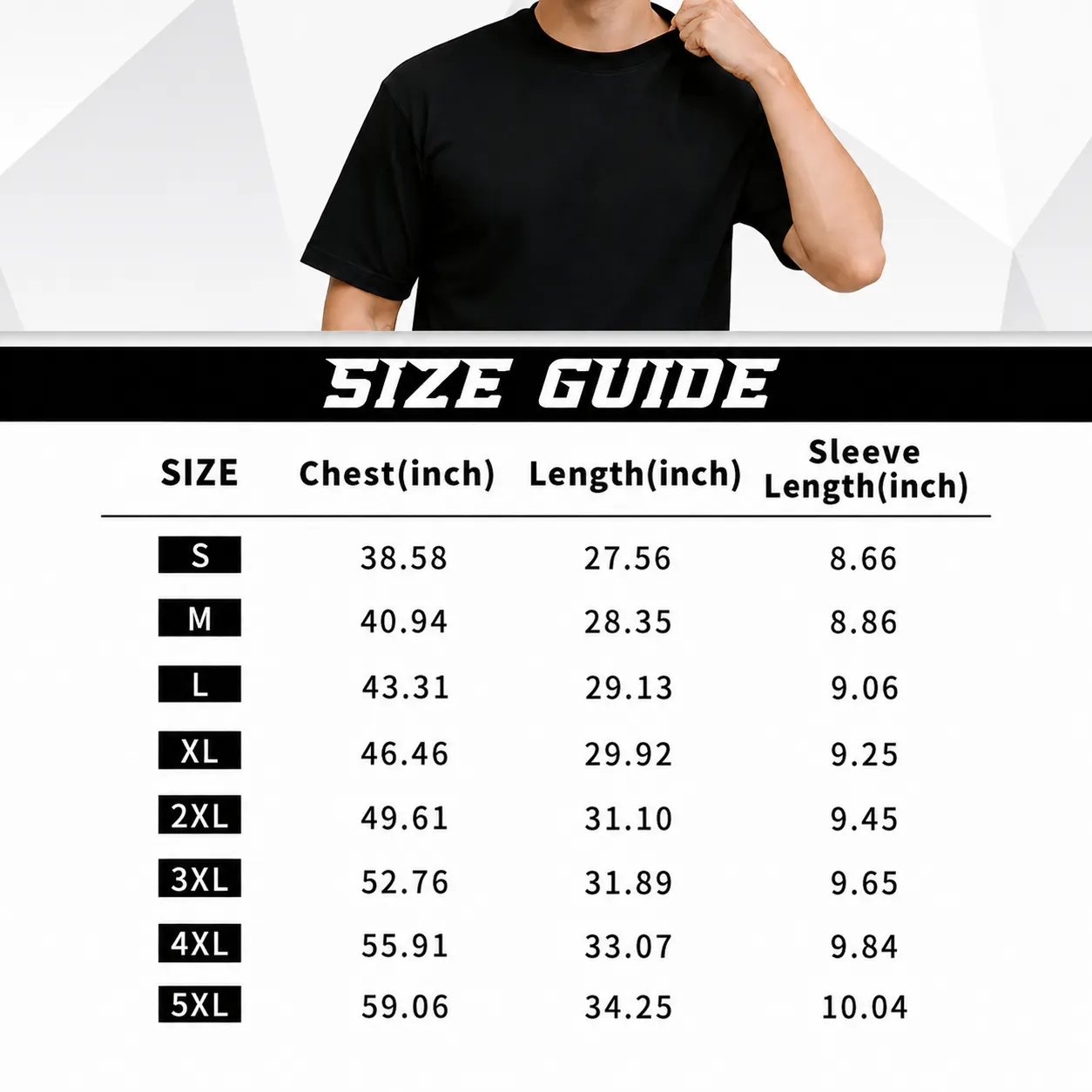 Men's black crew neck T-shirt front and fit details
