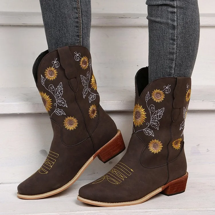Women's Boots Sunflower Embroidery Rider Boots Cowboy Boots