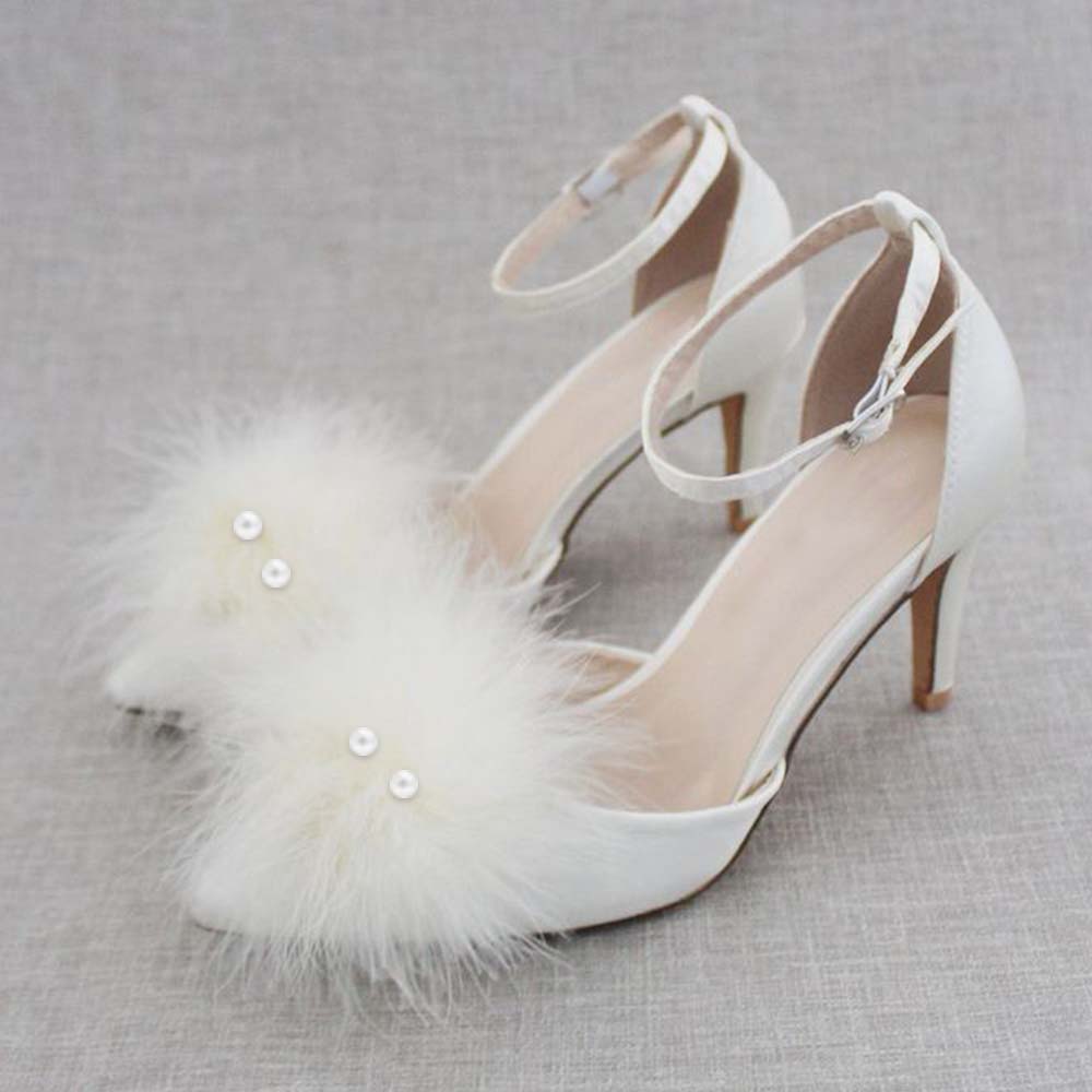 White Feather Pointed Toe Kitten Heel Ankle Strap Pumps for Wedding Nicepairs