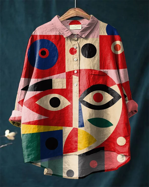 Vintage Abstract Face Art Print Cotton and Linen Shirt