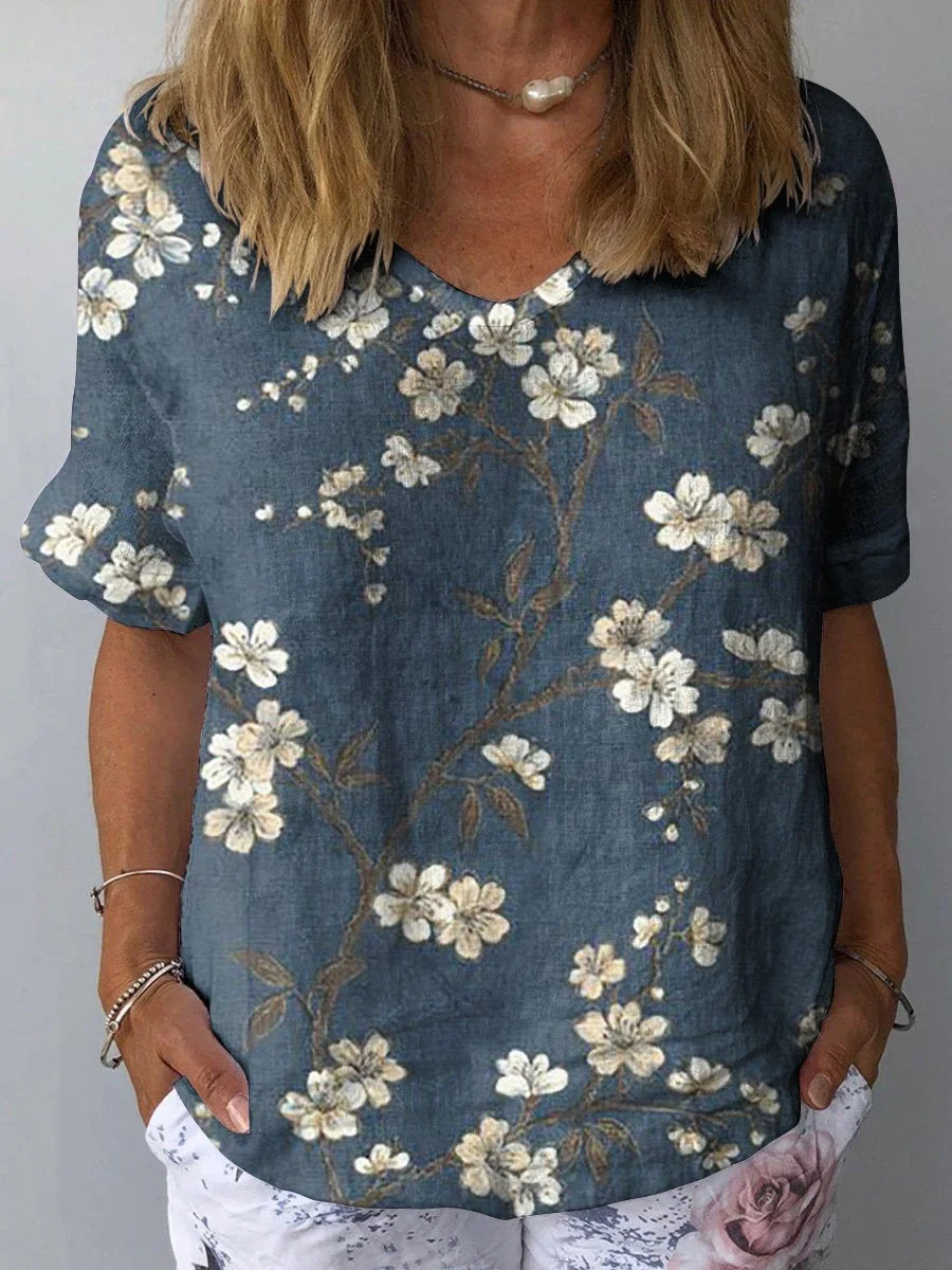 White Plum Blossom Pattern Printed Women's Casual Cotton And Linen Shirt