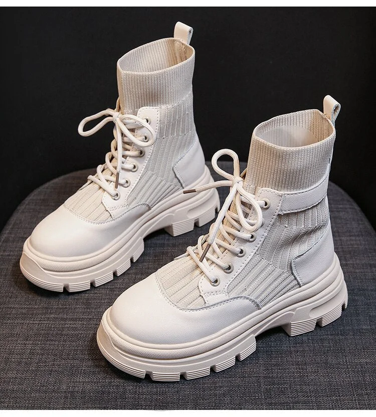 Women's Sock Boots 2021 Fashion Lace Up Chunky Motorcycle Boots Female Beige Black Platform Ankle Boots Punk Casual Shoes Woman