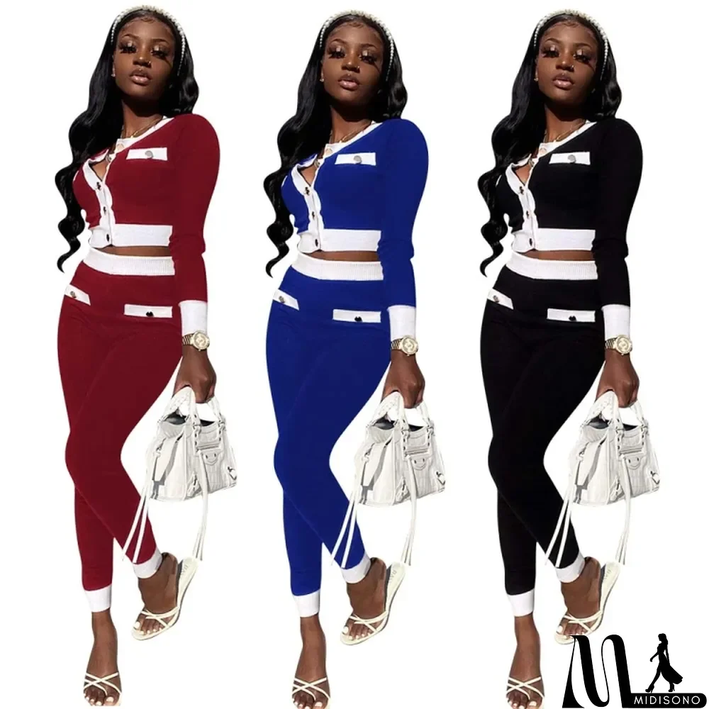 MidiSono - Winter Wholesale 2 Piece Outfits Red Contrast White Long Sleeve Top And Pant Set