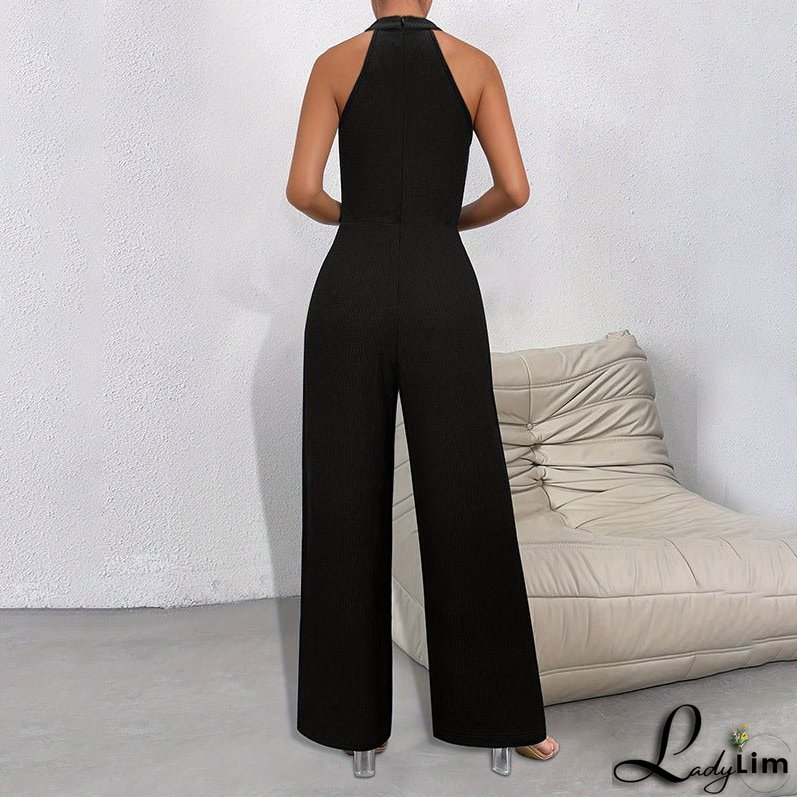 Elegant Solid Color Halter Sleeveless Long Jumpsuit - Commuter Style